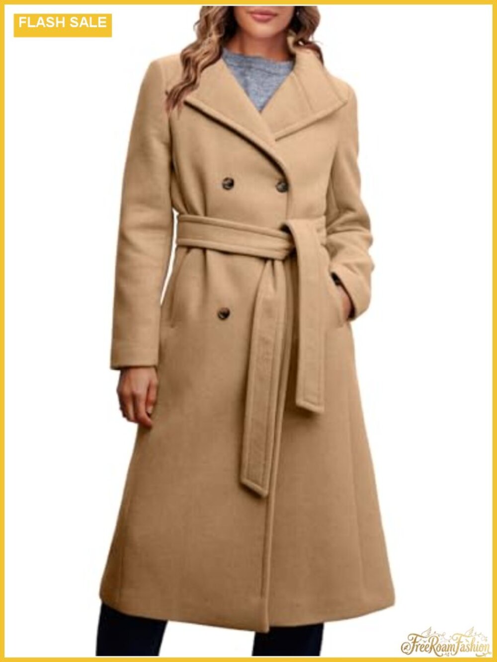 Women Double Breasted Wool Pea Coat Long Winter Work Office Overcoat with Belt